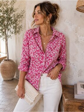 Rock Flower Paper Pink Gray Floral Cotton Button Front Shirt Women’s L